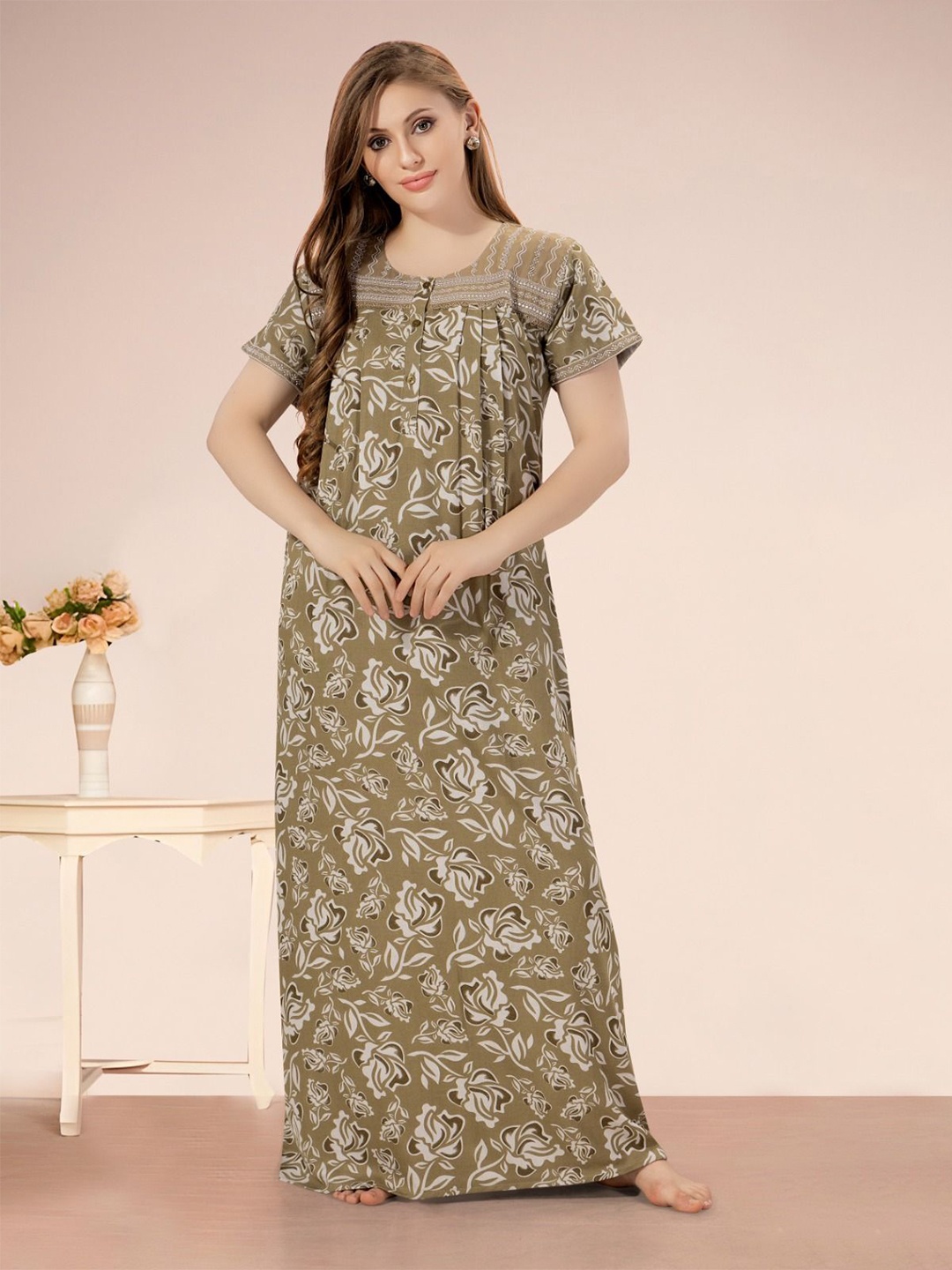 

Soulemo Printed Round Neck Maxi Nightdress, Green