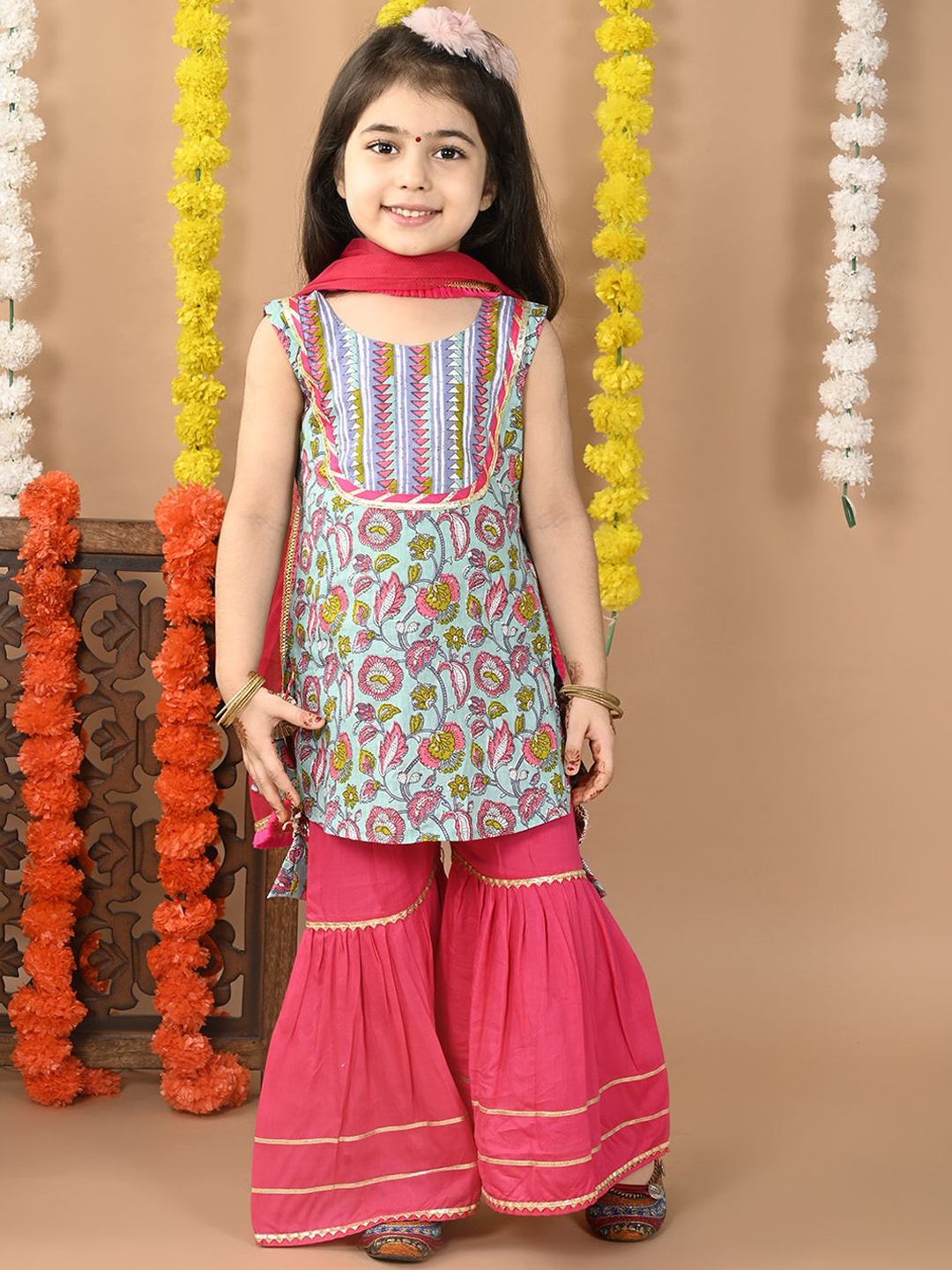 

Sangria Girls Printed Pure Cotton Kurta & Sharara With Dupatta, Blue