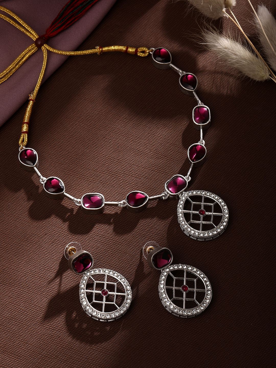 

ASMITTA JEWELLERY Silver-Plated Stone-Studded Matte Jewellery Set