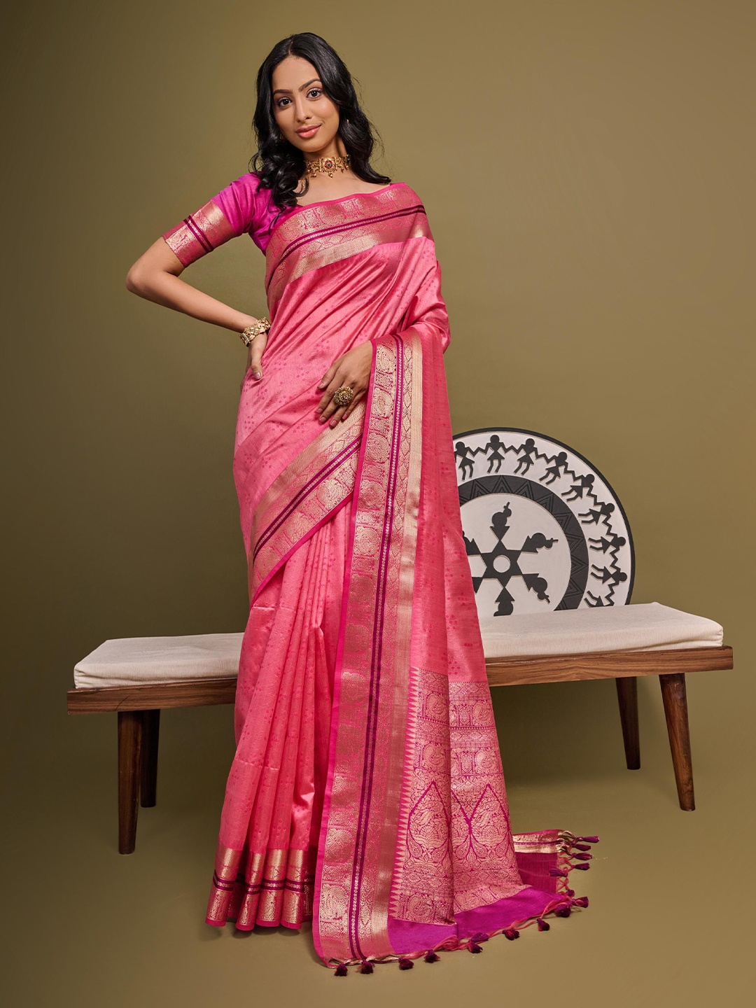 

Kandora Bandhani Woven Design Zari Pure Silk Tussar Saree, Pink