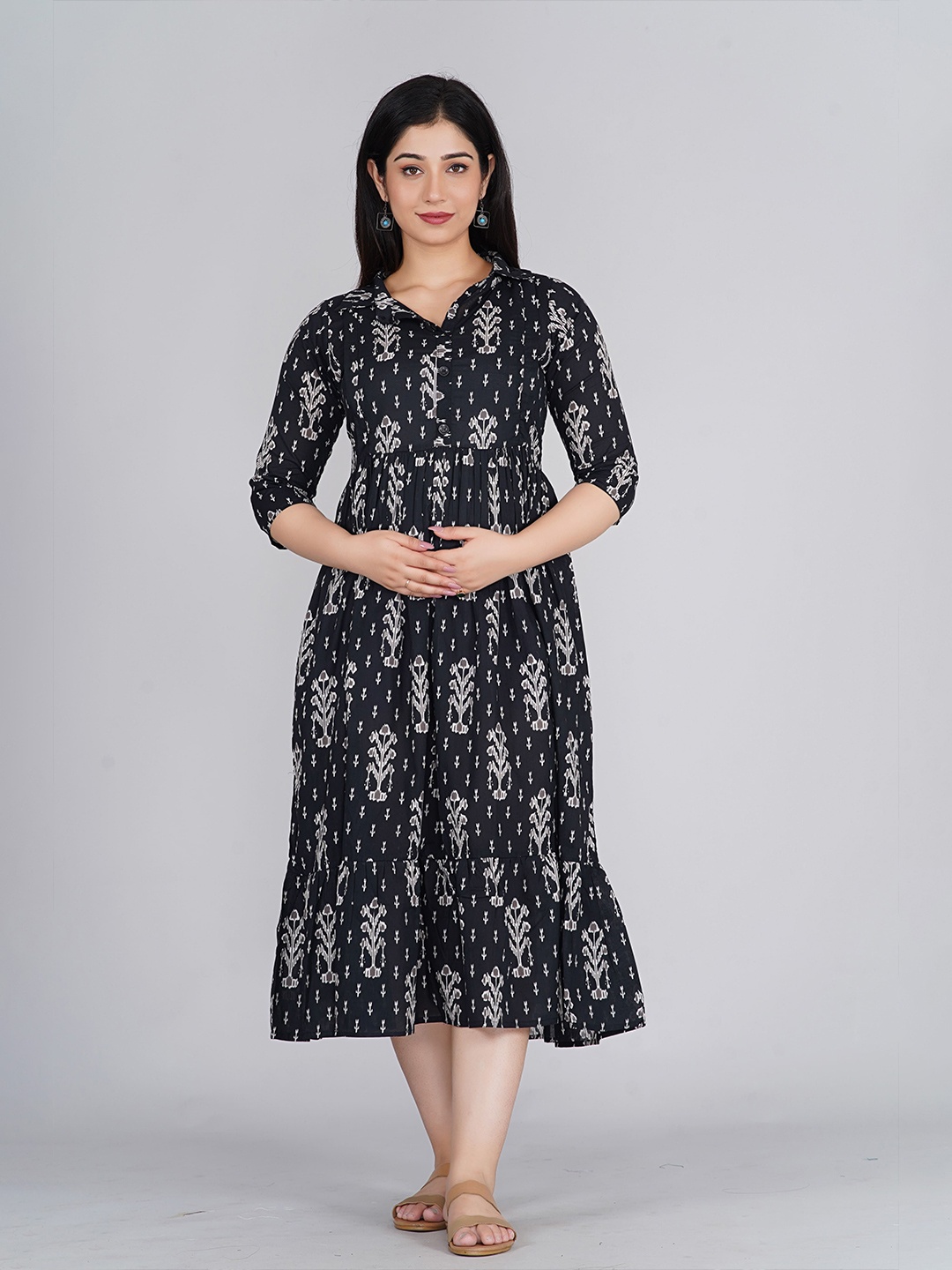 

Kaheksa Women Floral Printed Cotton Maternity Fit and Flare Midi Dress, Black