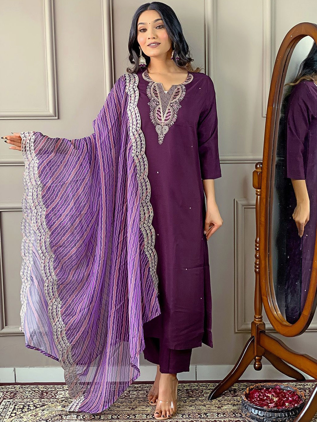 

S.K.C Women Ethnic Motifs Embroidered Regular Kurta with Trousers & With Dupatta, Violet