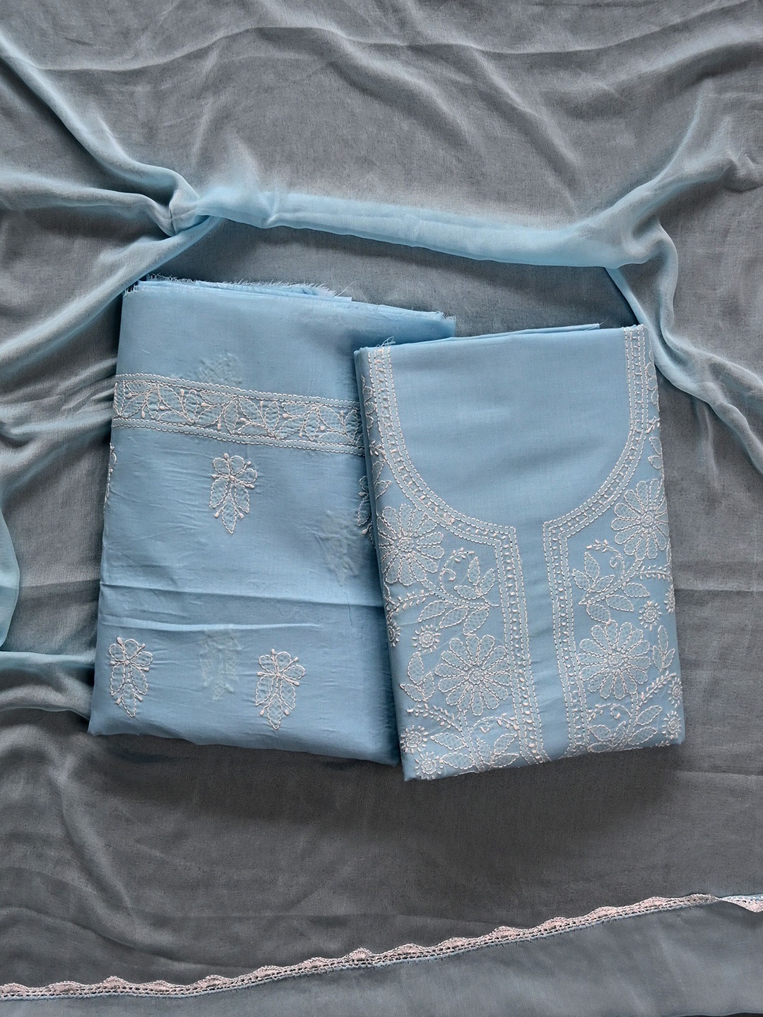 

Seva Chikan Embroidered Unstitched Dress Material, Blue