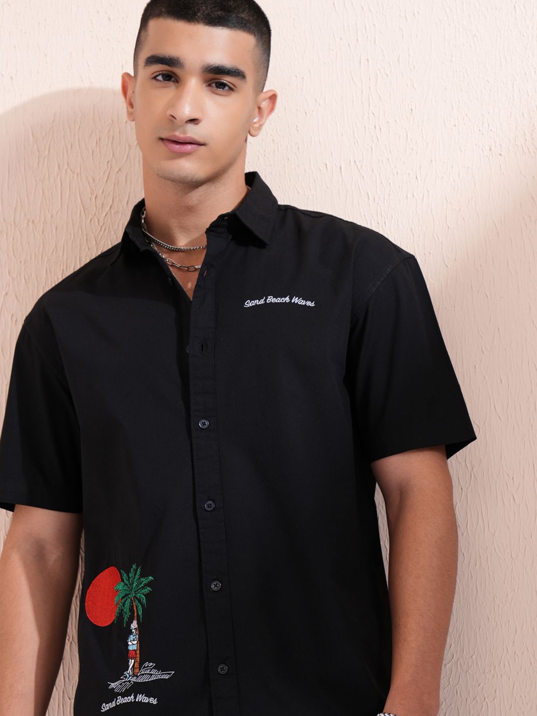 

Highlander Men Logo Embroide Placement Patterened Relaxed Shirt, Black