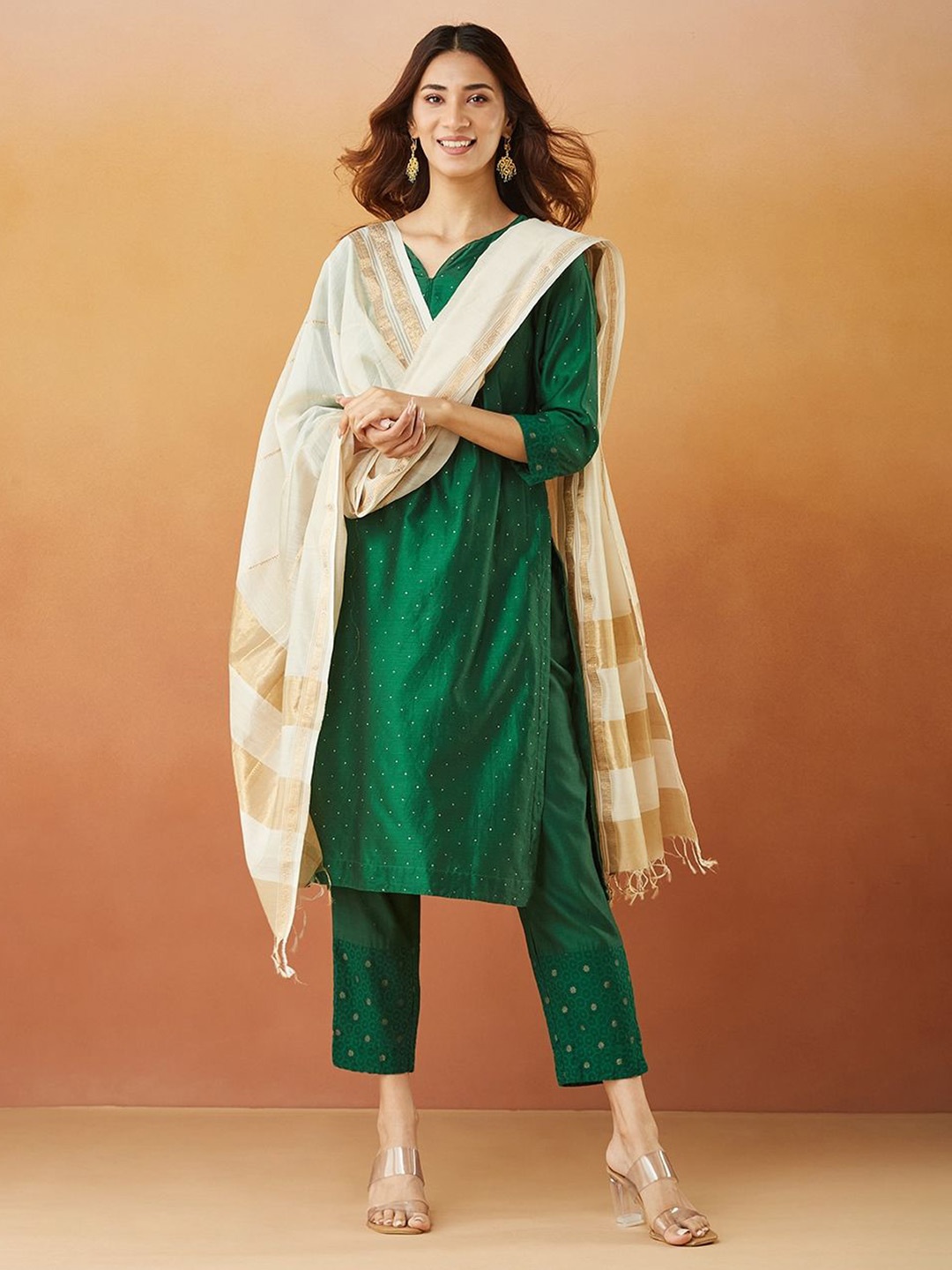 

Fabindia Natural Cotton Silk Blend Maheshwari Dupatta, Off white