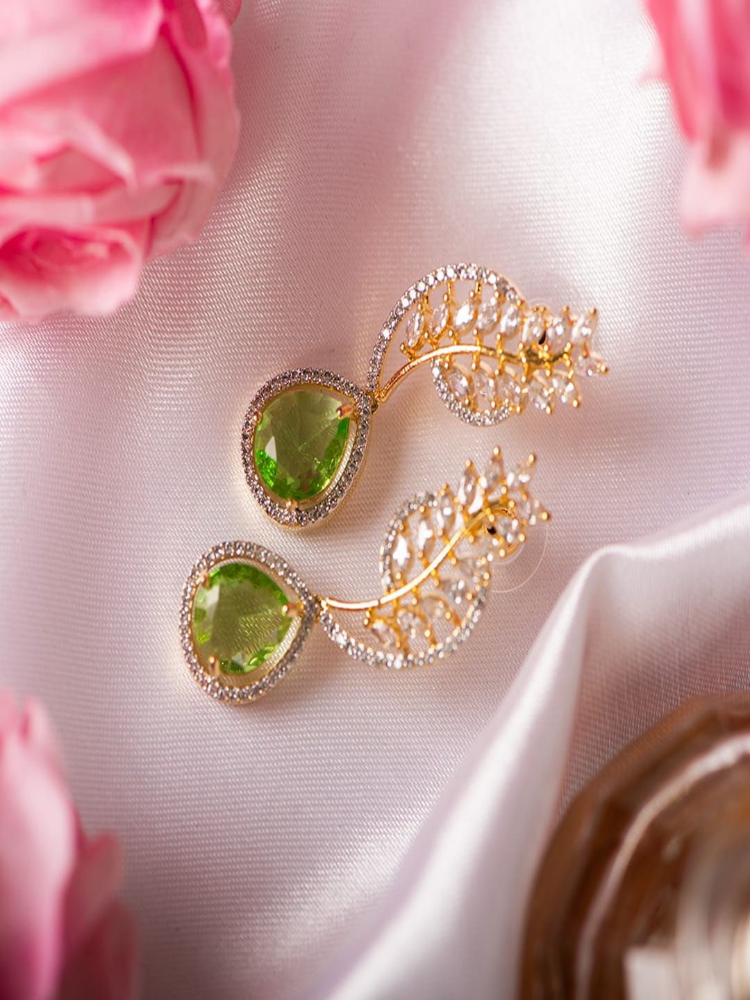 

SHARLEEZ Rhodium-Plated American Diamond Studded Leaf Shaped Drop Earrings, Lime green