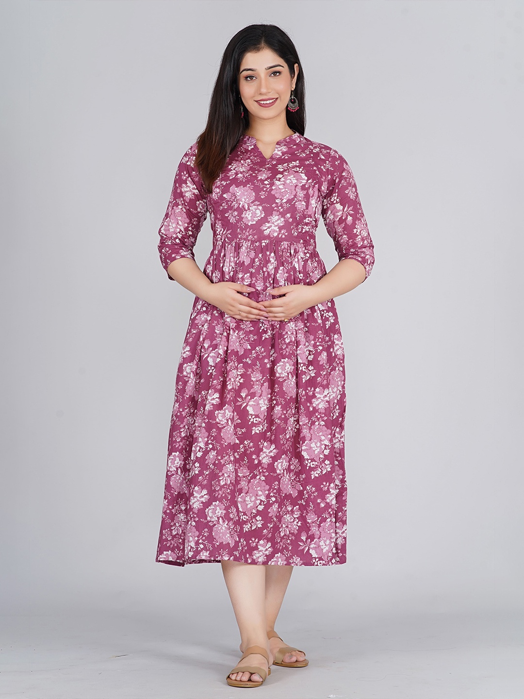 

Kaheksa Floral Printed Maternity Fit And Flare Cotton Midi Dress, Maroon