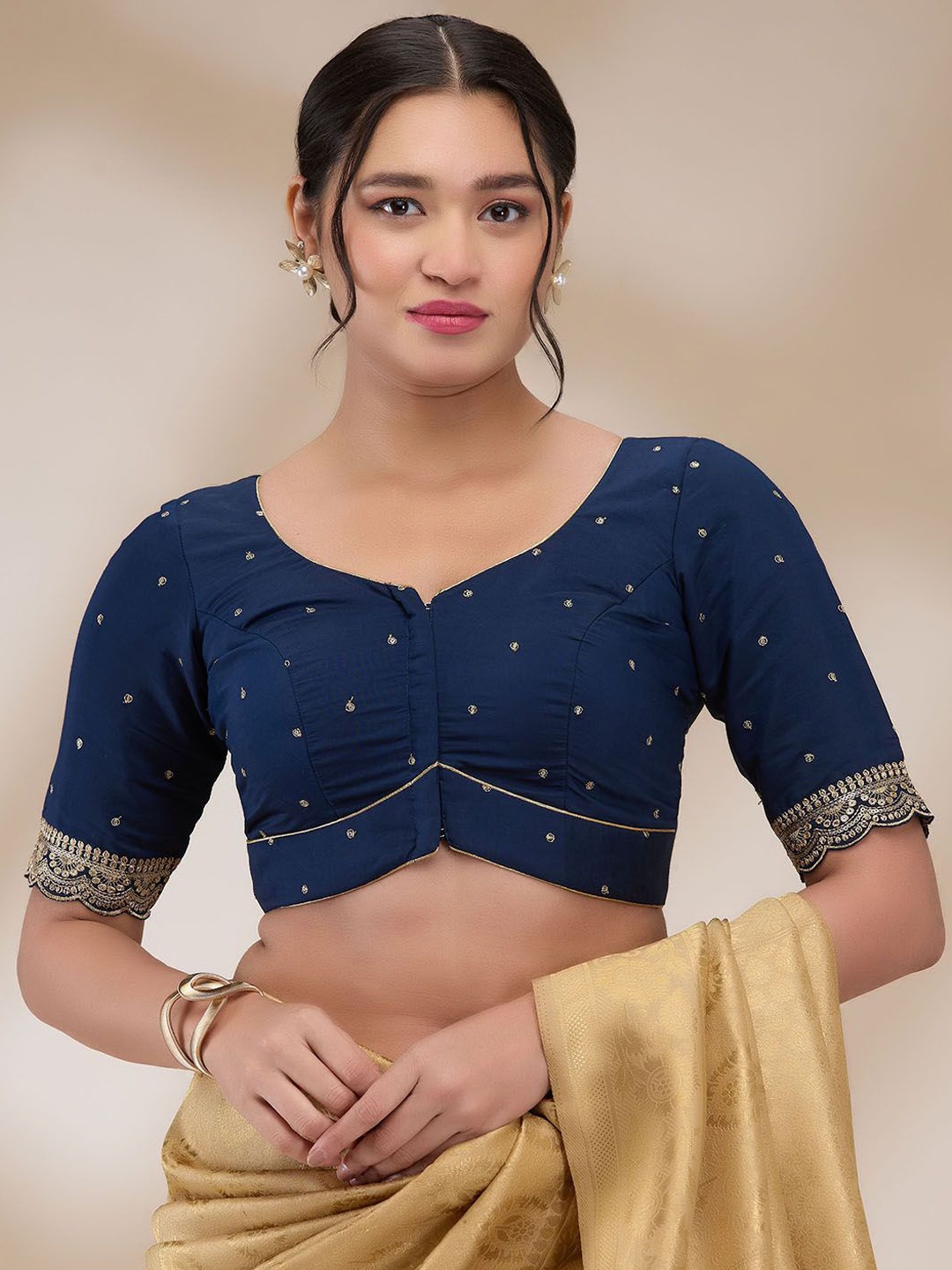 

SALWAR STUDIO Embroidered Padded Saree Blouse, Navy blue