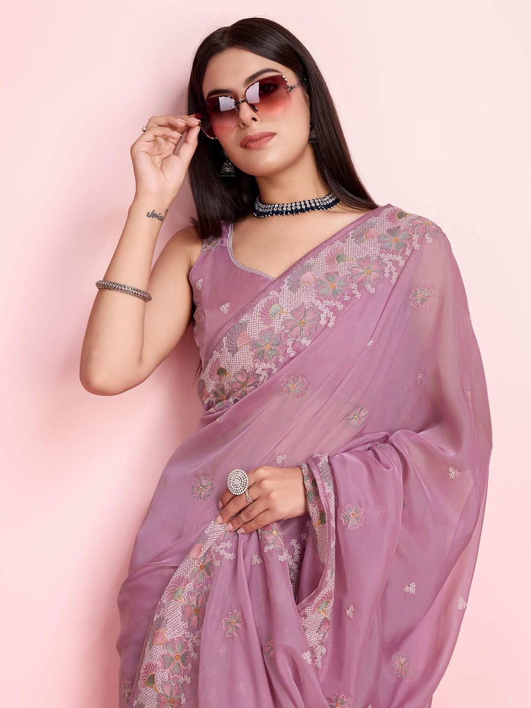 

VAIRAGEE Ethnic Motifs Embroidered Organza Ready to Wear Saree, Pink