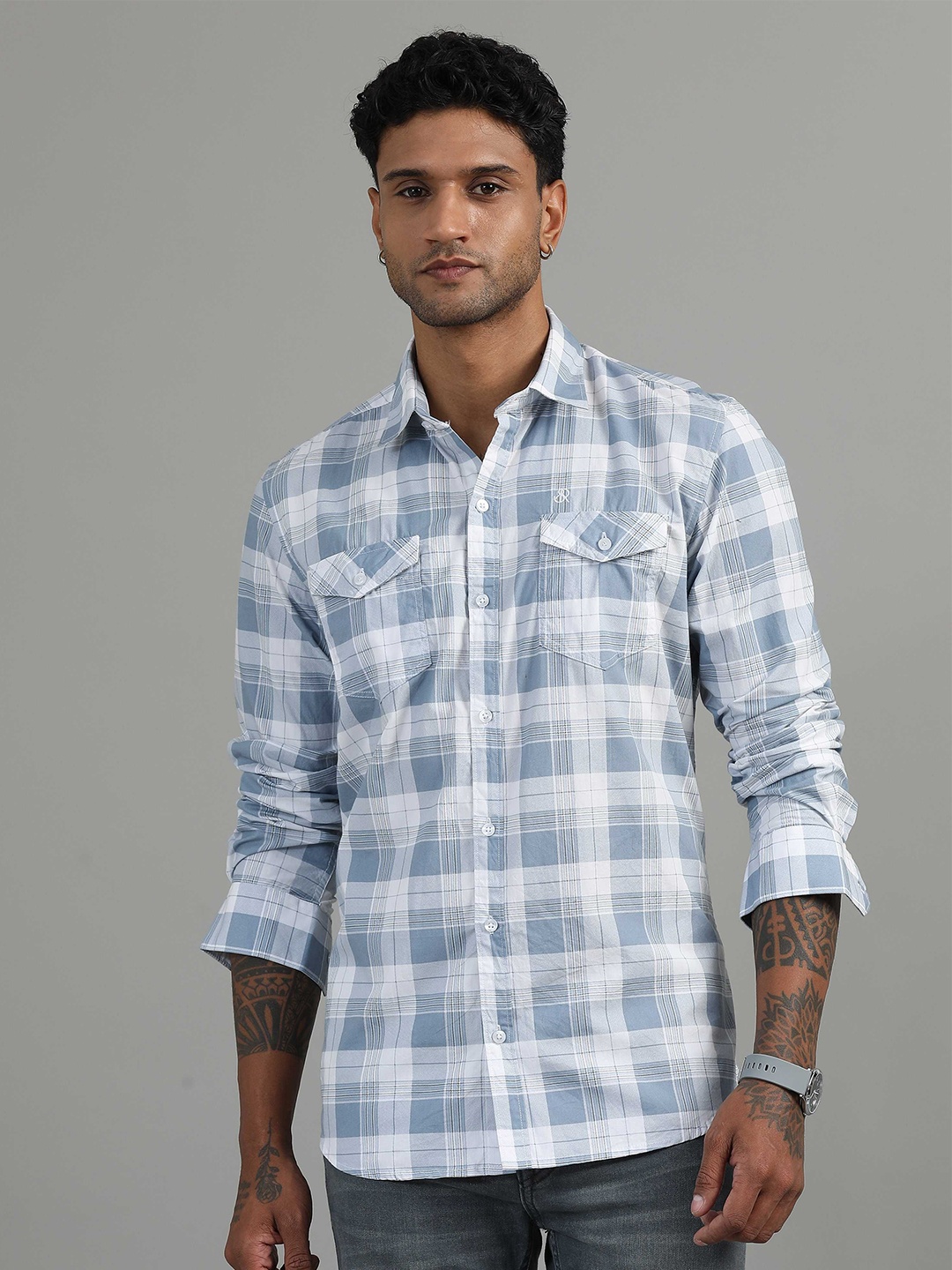 

SORATIA Men Spread Collar Checked Cotton Casual Shirt, Blue