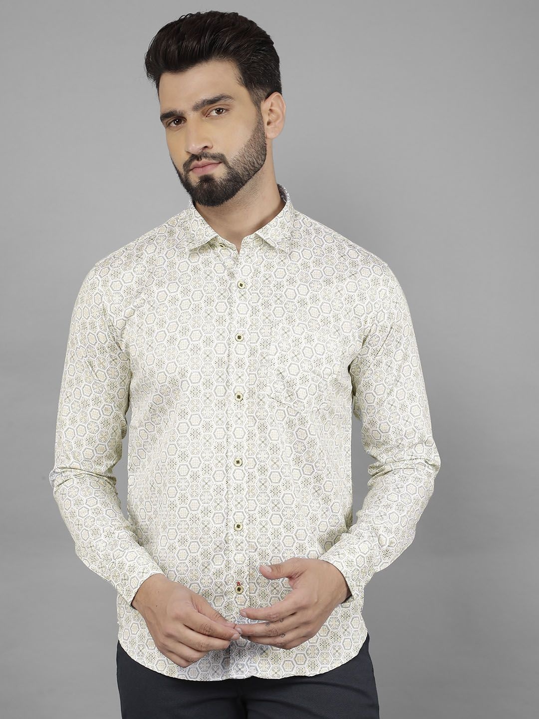 

COBB Men India Slim Spread Collar Floral Printed Cotton Casual Shirt, Beige