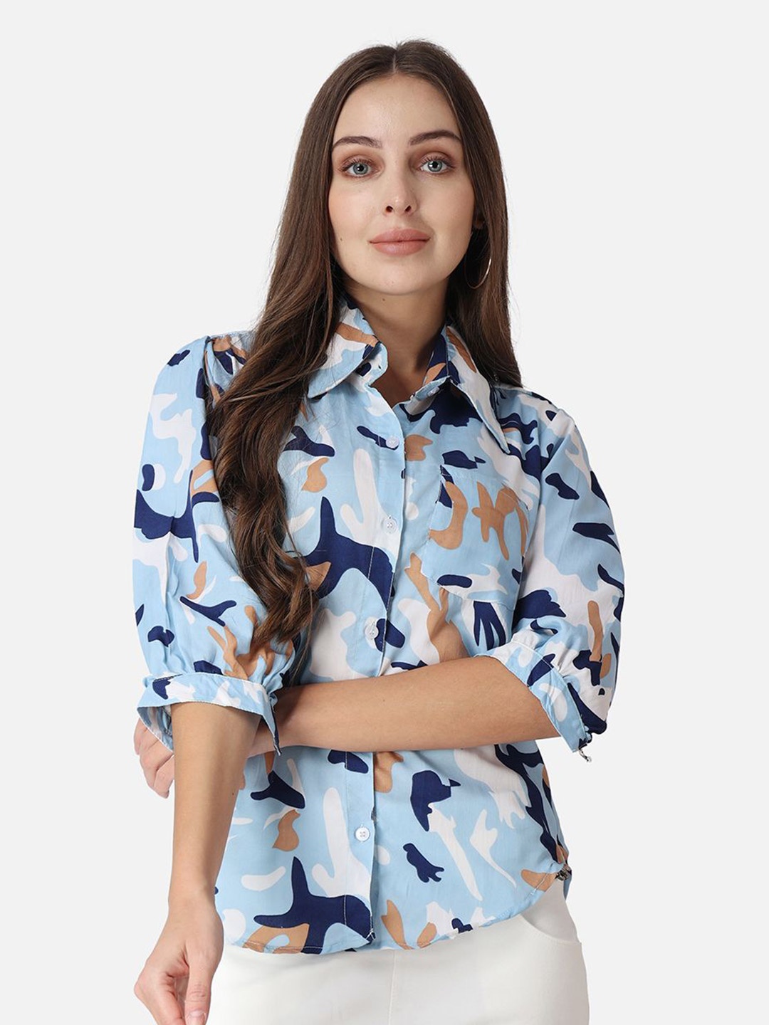 

MINOS Women Classic Spread Collar Abstract Printed Crepe Casual Shirt, Blue