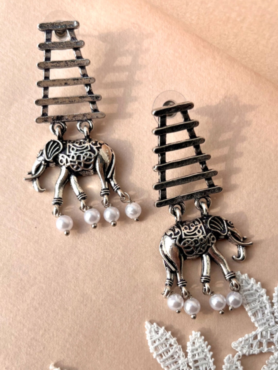 

SUBHAGALANKAR German Silver Plated Oxidised Beaded Drop Earrings