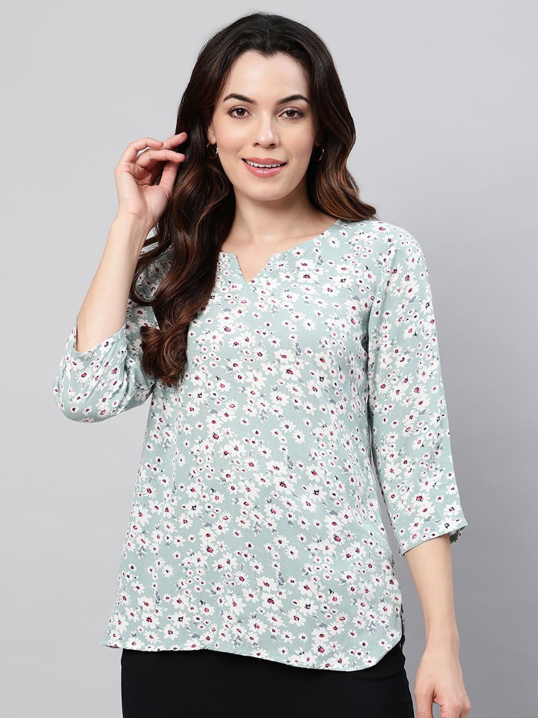 

FLAMBOYANT Women Floral Printed V-Neck Top, Grey