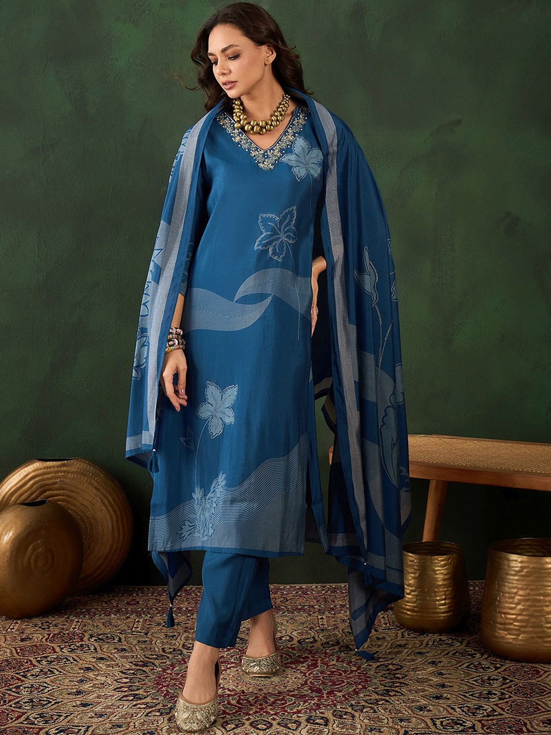 

Vastramyaa Women Floral Printed Embelished Pure Cotton Kurta with Trousers With Dupatta, Blue