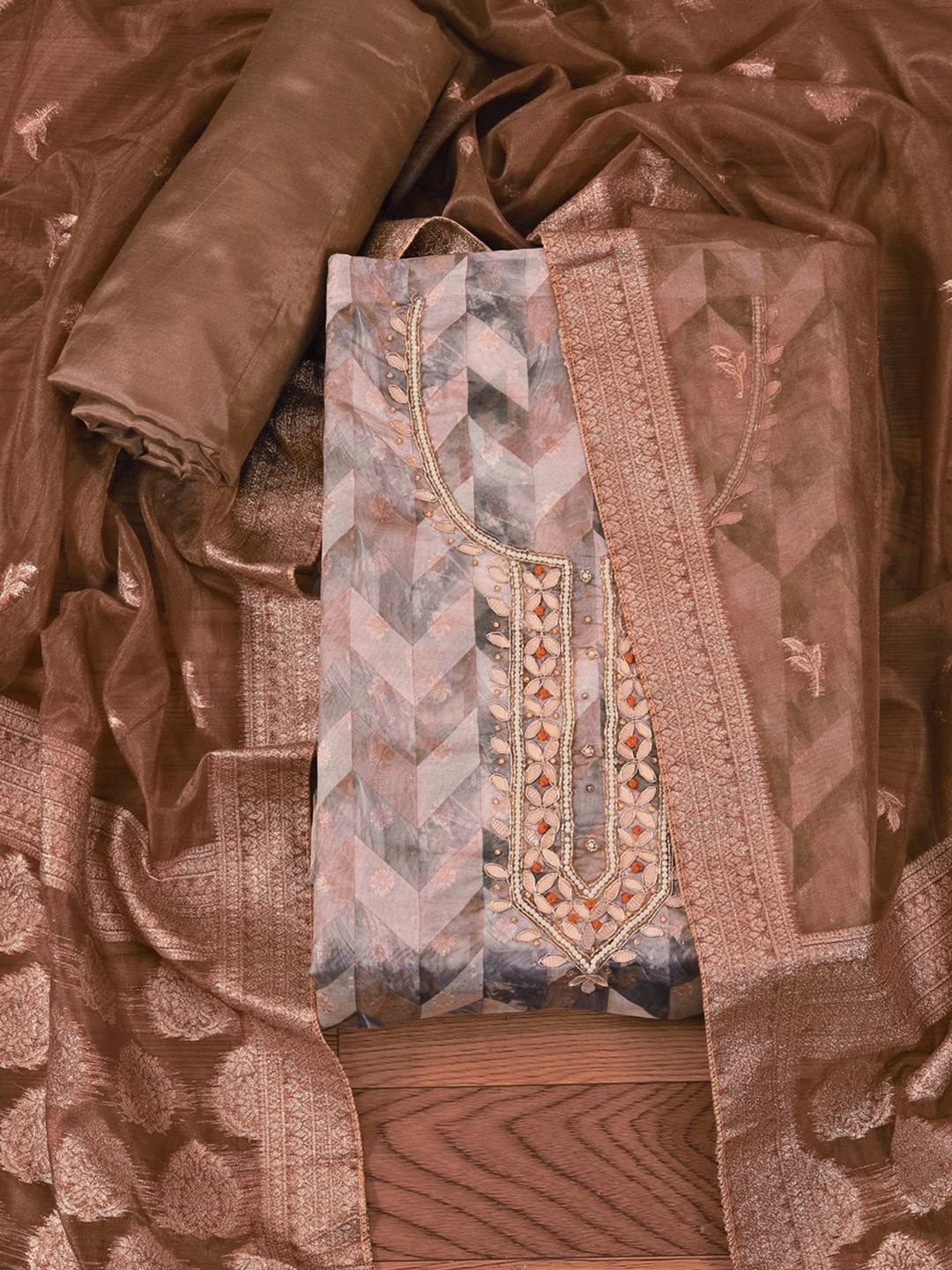 

Jaipur Kurti Woven Design Organza Gota Patti Dress Material with Dupatta, Brown