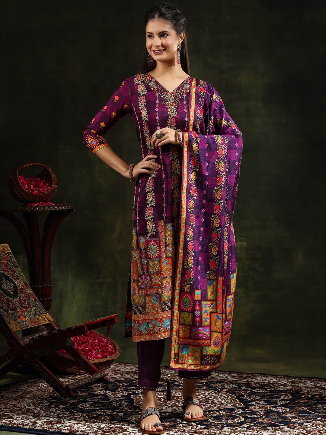 

KALINI Women Floral Embroidered Kurta with Trousers & With Dupatta, Purple