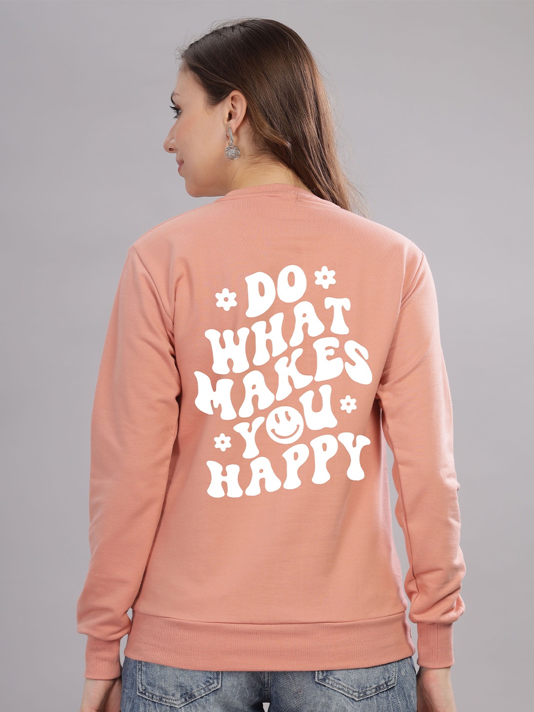 

FALTU.CO Women Typography Printed Round Neck Cotton Pullover Sweatshirt, Peach