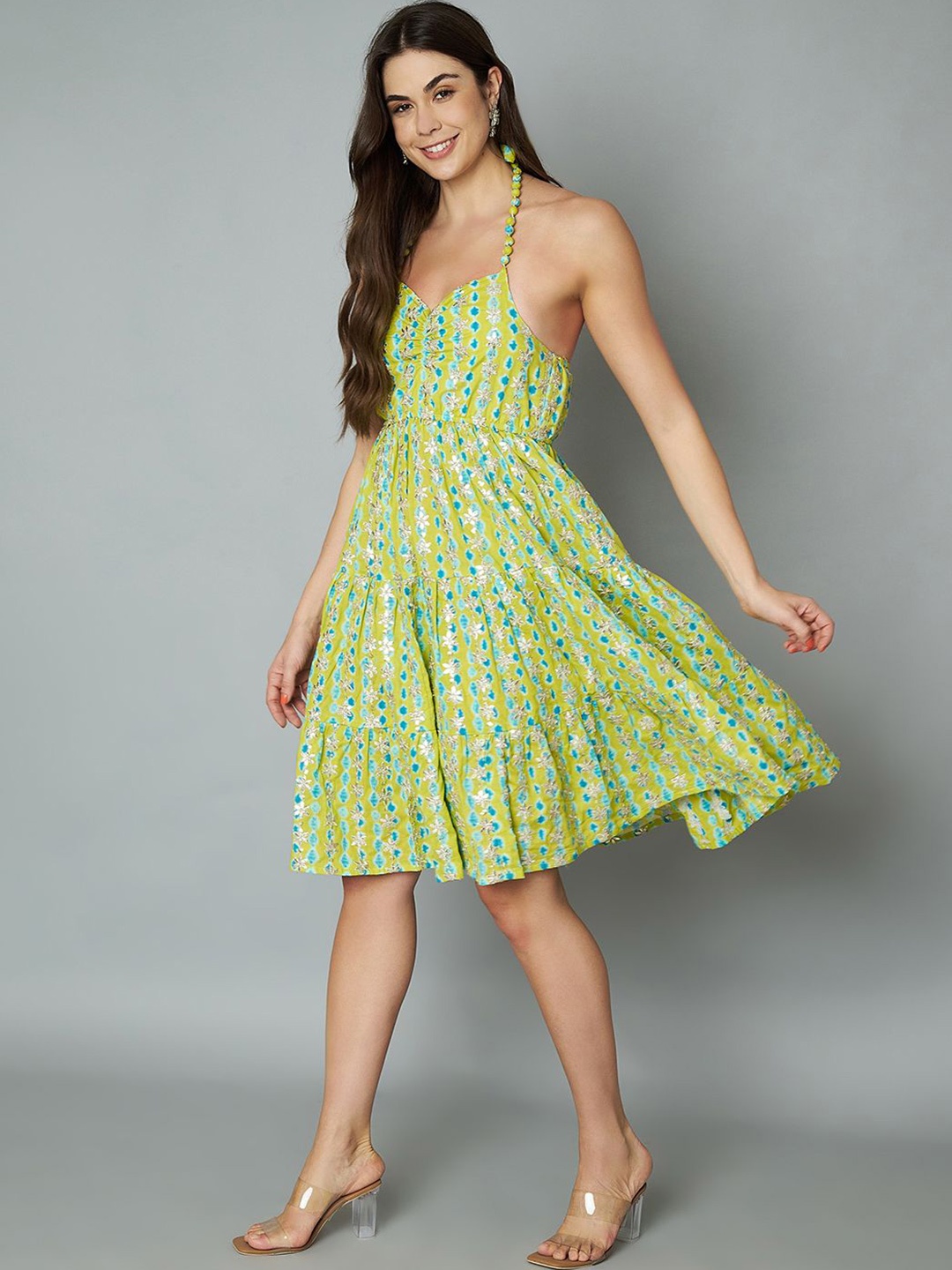 

KALINI Print A-Line Midi Cotton Dress, Lime green