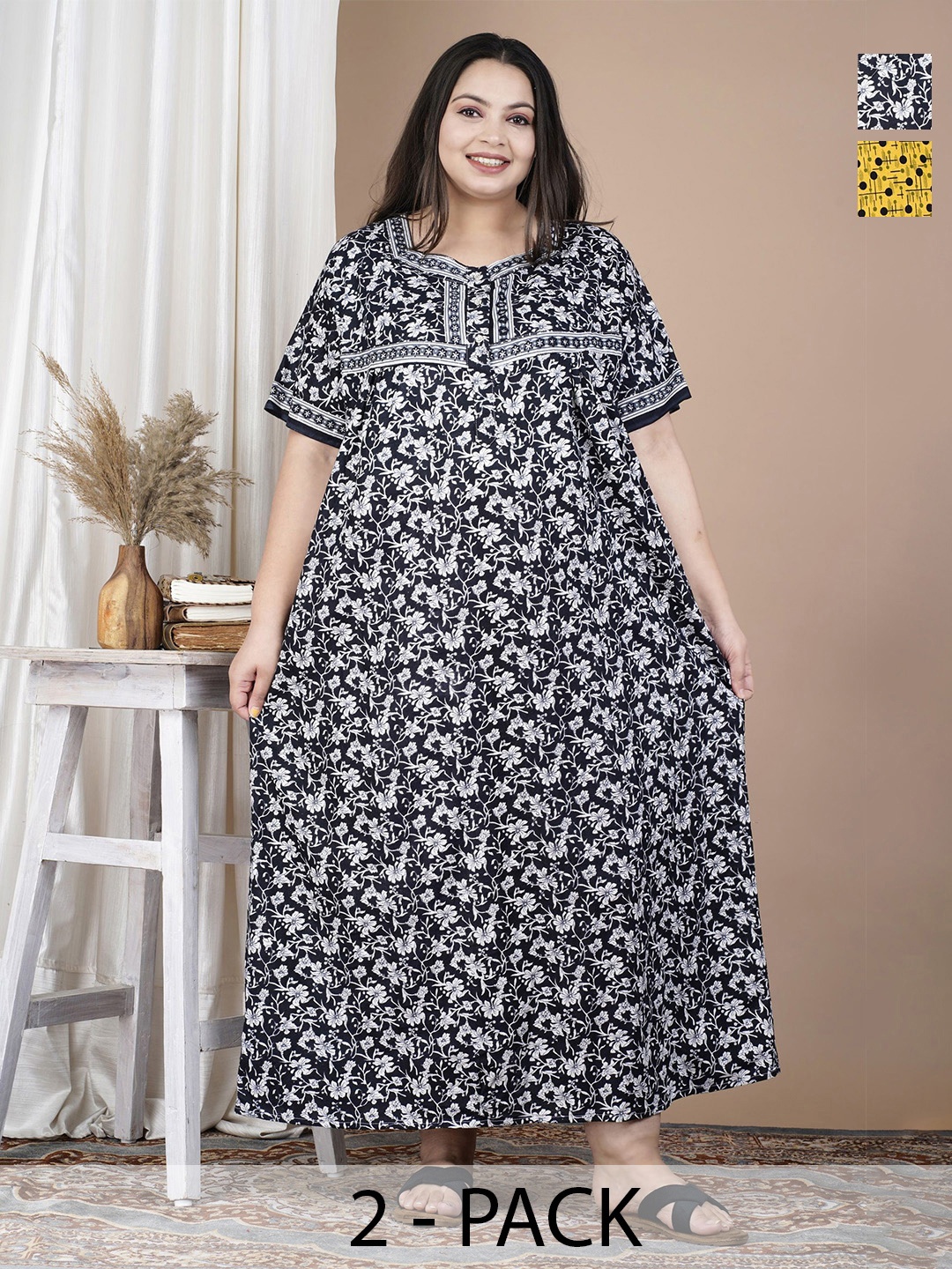 

SP DESIGNS Women Pack of 2 Printed Maxi Nightdress, Black