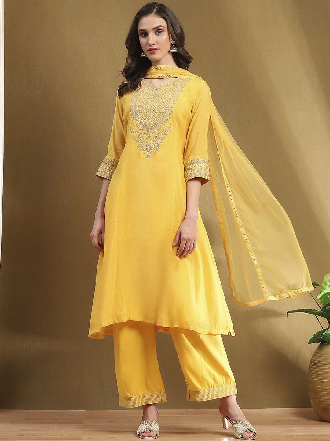 

Biba Women Chanderi Cotton Kurta with Palazzos & With Dupatta, Yellow