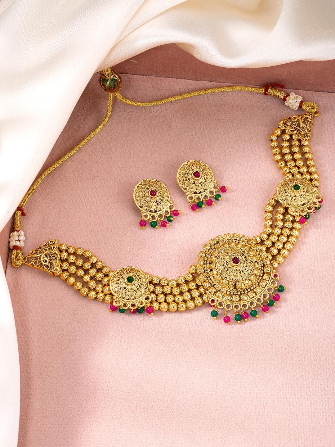 

Peora Gold-Plated Beaded & Stones Studded Jewellery Set