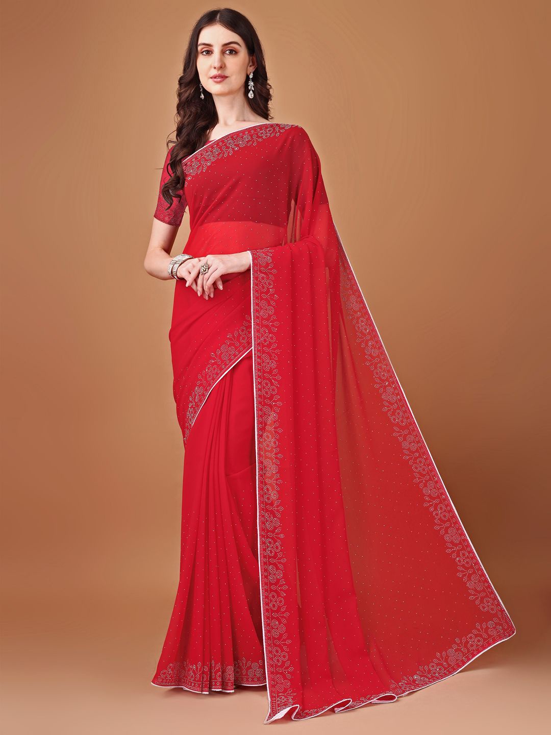 

SM TRENDZ Embellished Beads and Stones Pure Georgette Banarasi Saree, Red