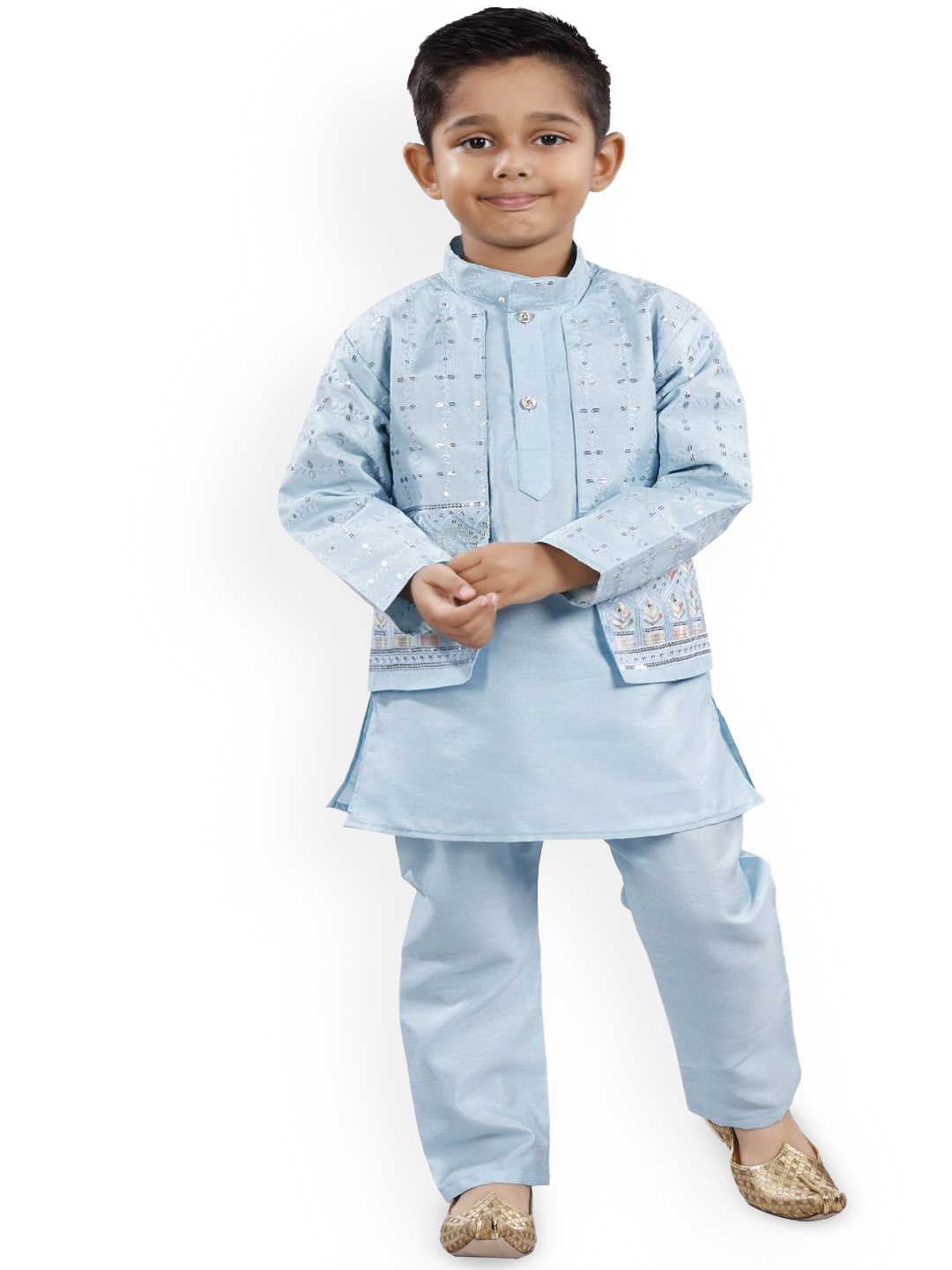 

BAESD Boys Ethnic Motifs Embroidered Kurta & Trousers With Waistcoat, Blue