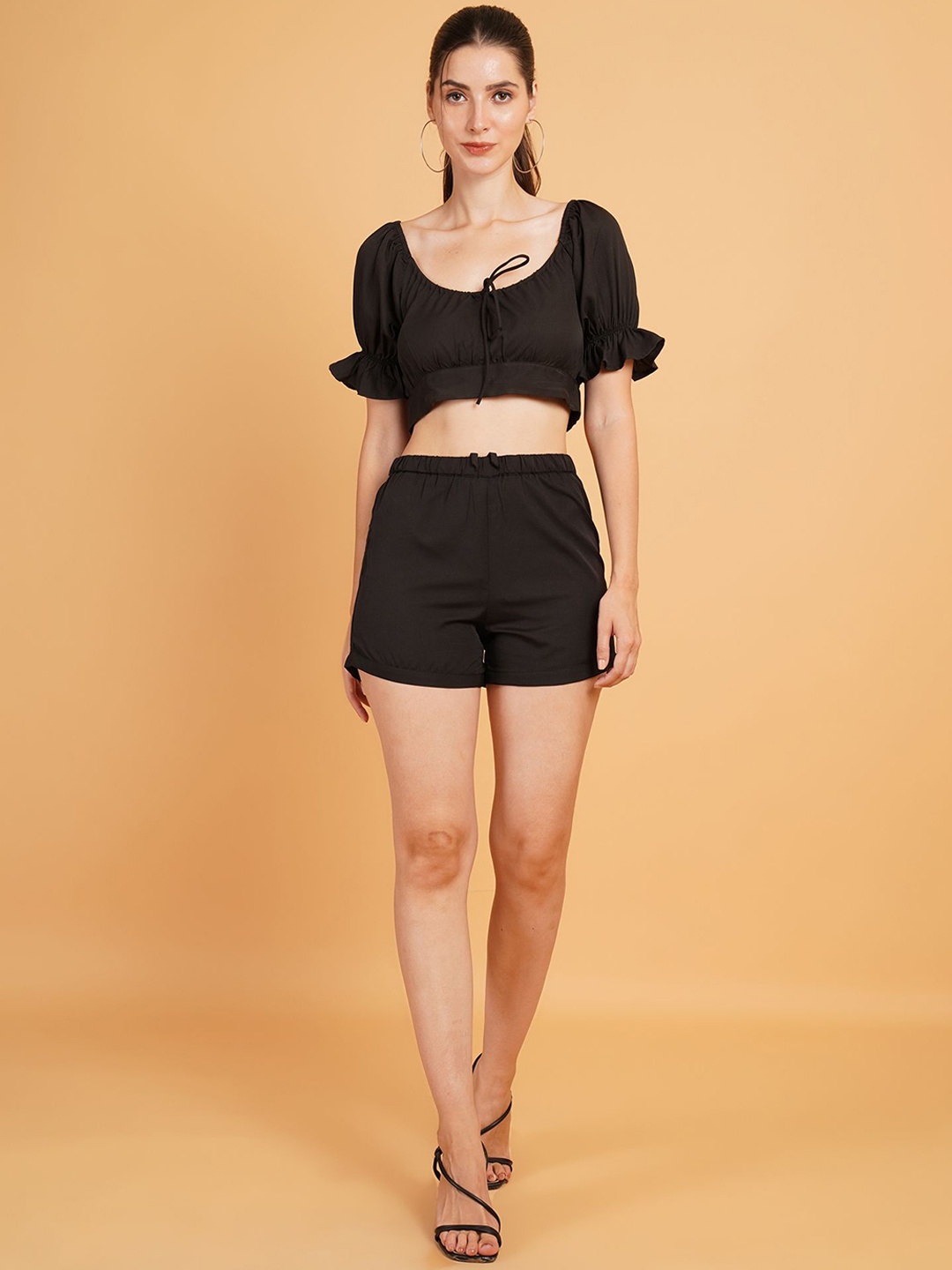 

Mast & Harbour Puff Short Sleeves Crop Top With Shorts Co-Ords, Black