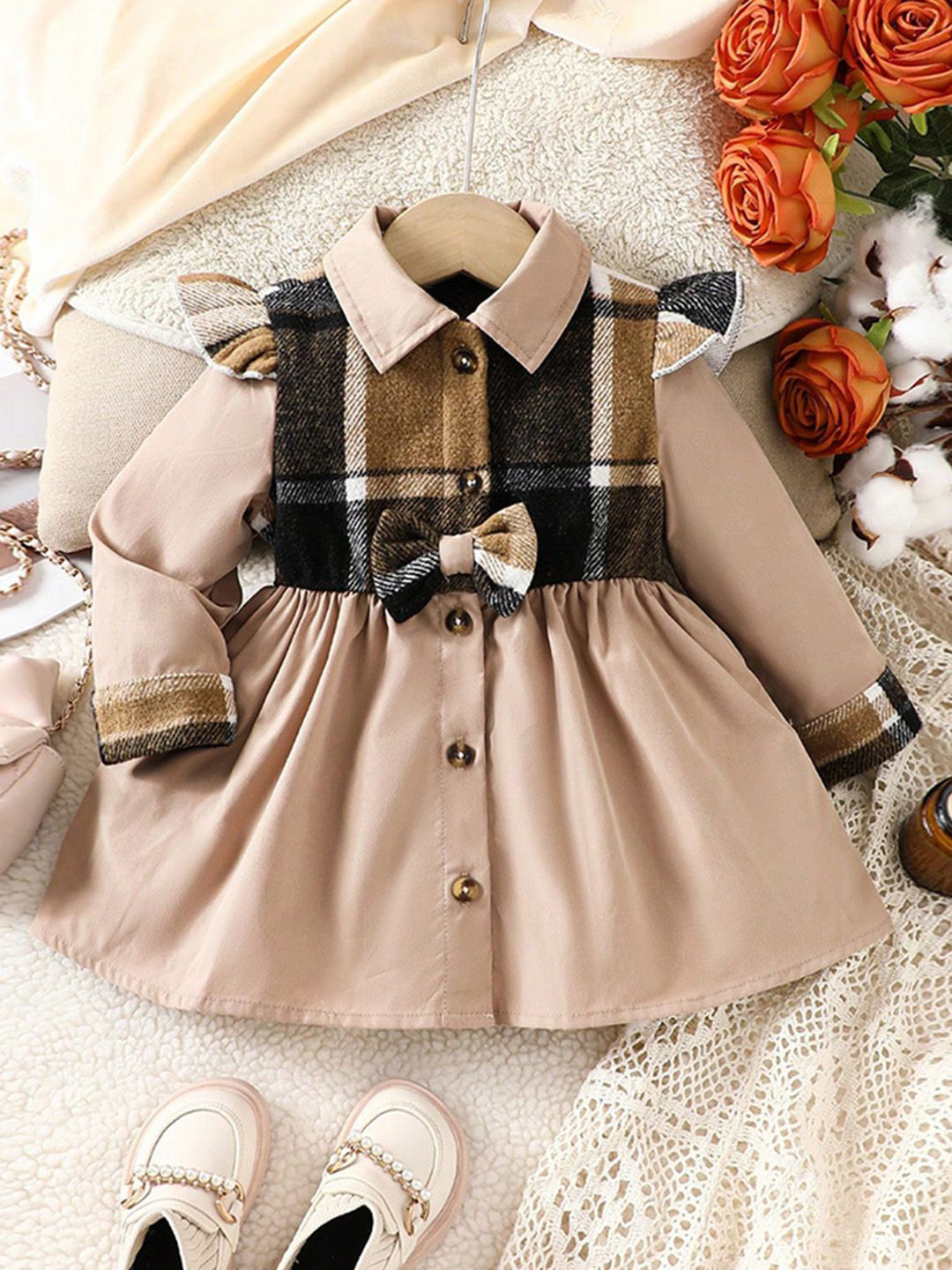 

INCLUD Girls Checked Shirt Collar Long Sleeves Shirt Dress, Brown