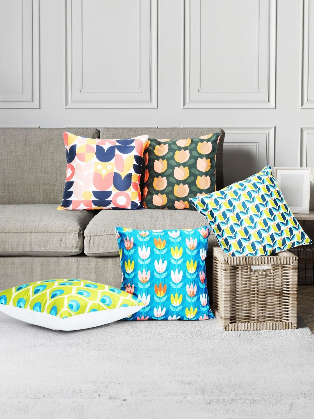 

Vendola Green & Blue 5 Pieces Floral Satin Square Cushion Covers