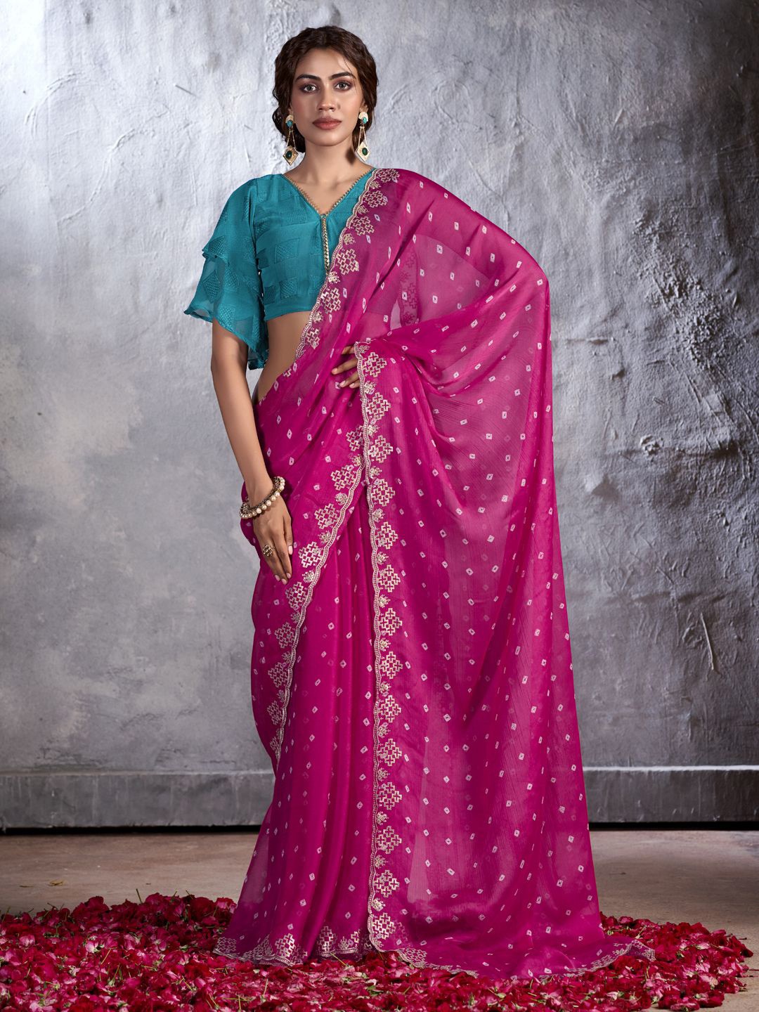 

CHUDIYA Bandhani Mirror Work Pure Chiffon Bandhani Saree, Pink
