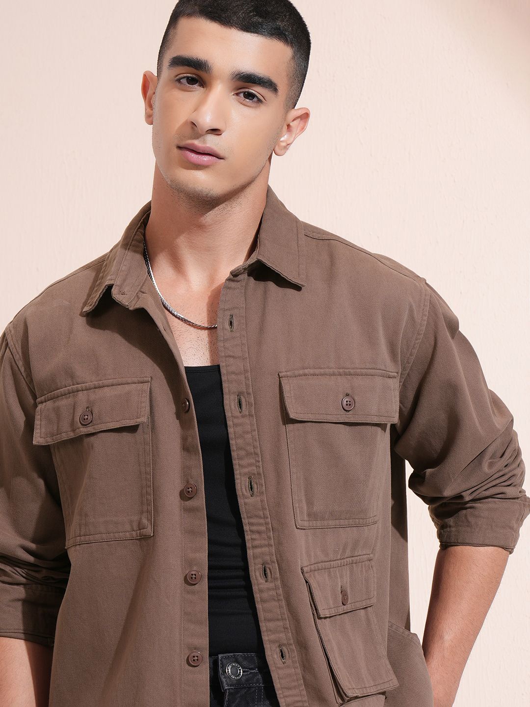 

Ketch Men Double Utility Pocket Oversized shirt, Brown