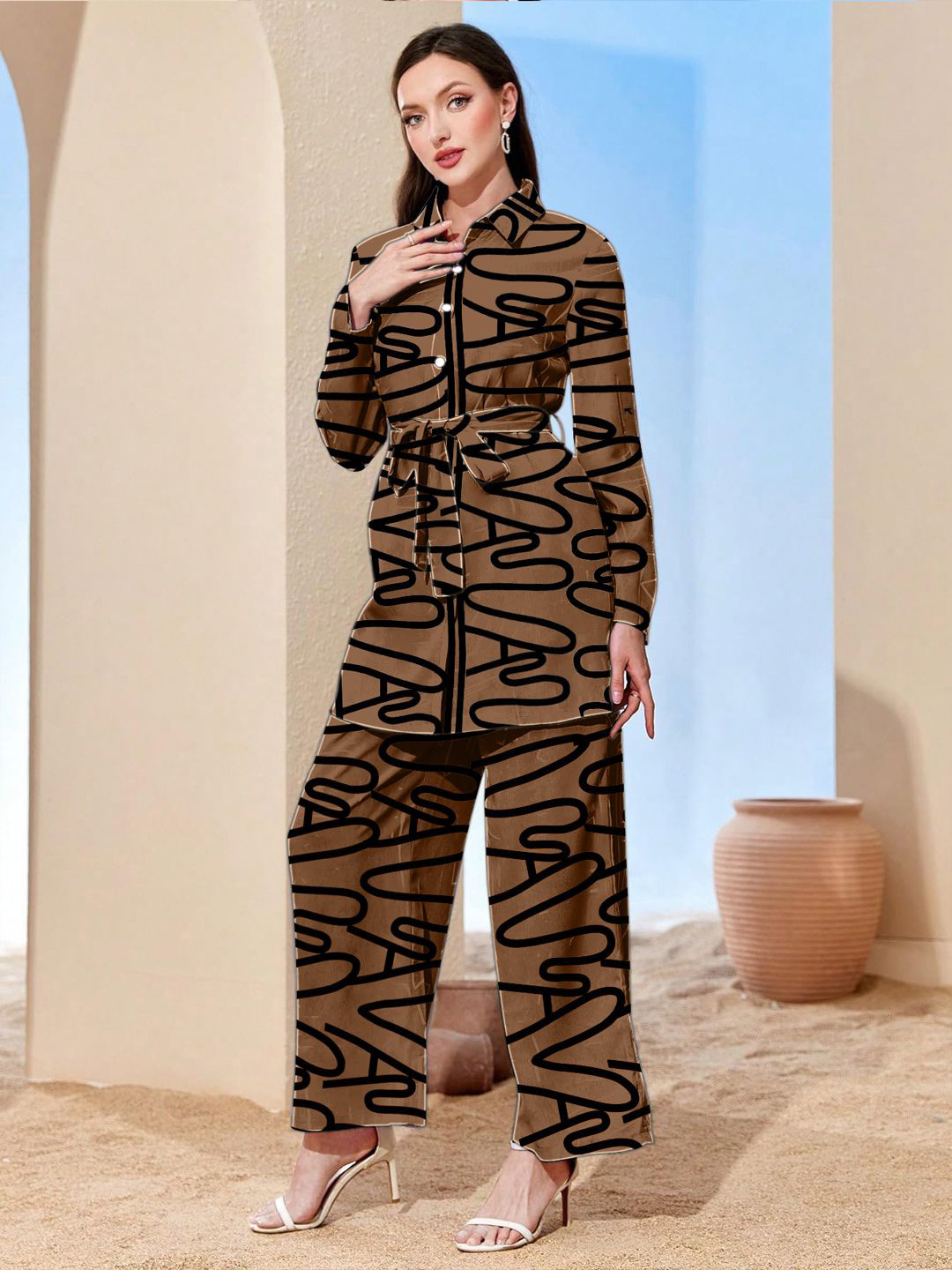 

Softwrap Abstract Printed Shirt & Trousers Co-ords Set, Brown