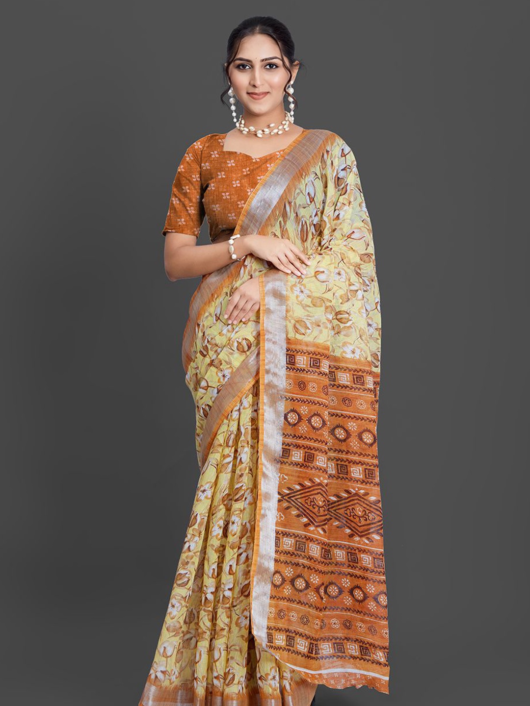 

NIRMAL CREATION Floral Zari Saree, Brown