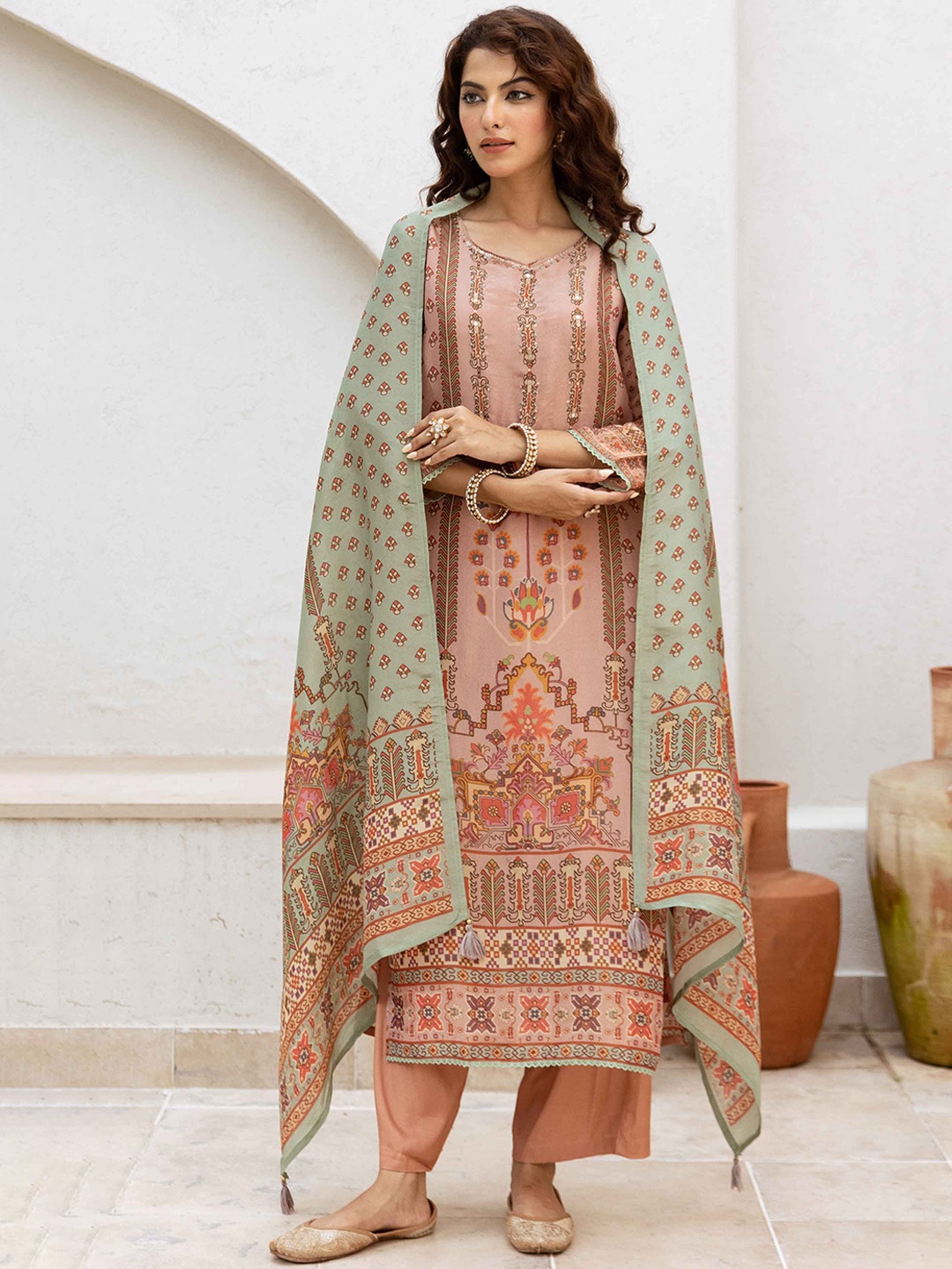 

KALINI Women Floral Printed Regular Beads and Stones Kurta with Palazzos & Dupatta, Peach