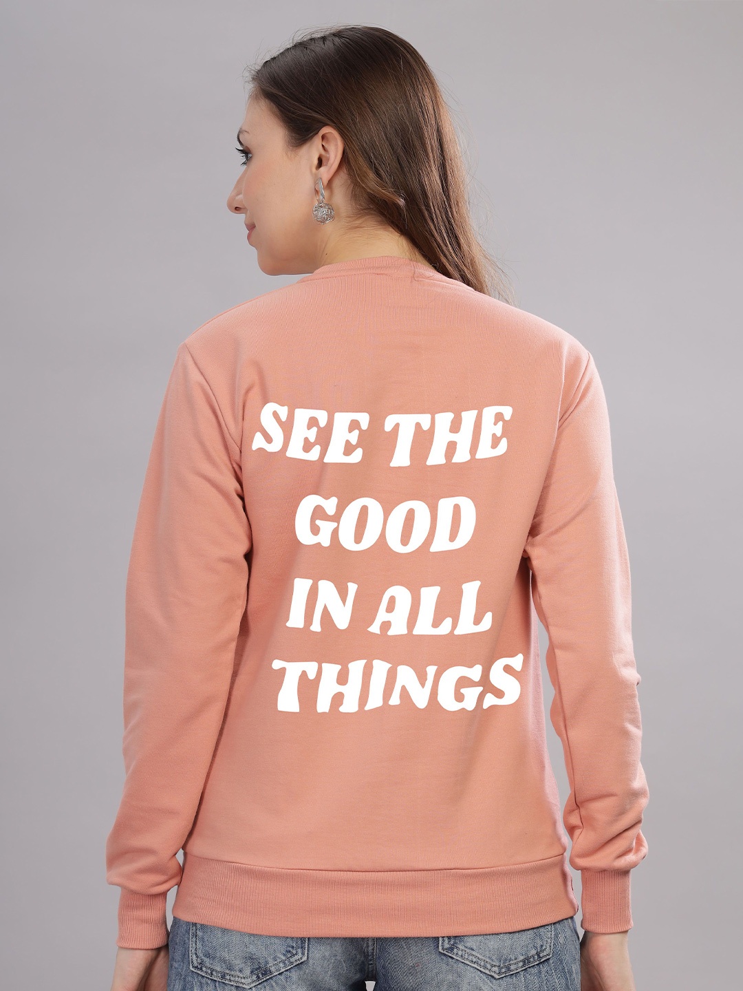 

FALTU.CO Women Typography Printed Round Neck Cotton Pullover Sweatshirt, Peach