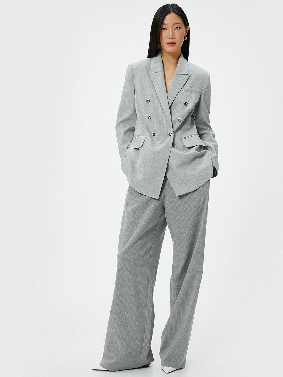 

Koton Striped Single-Breasted Formal Blazers, Grey
