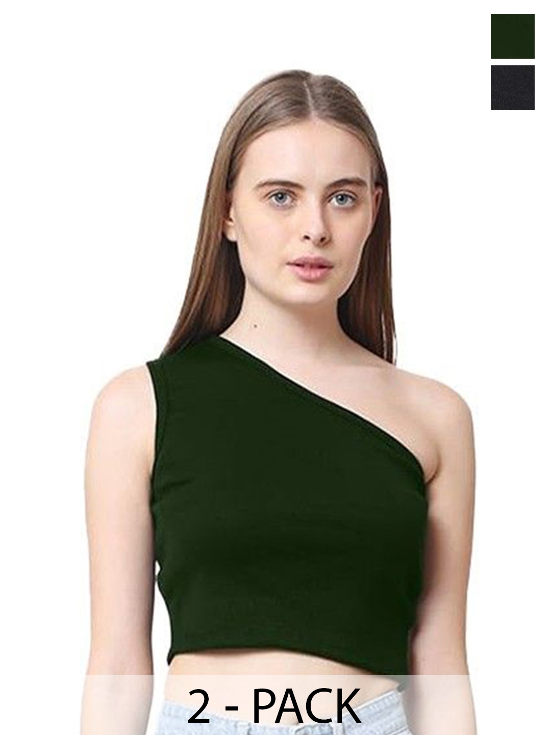 

CareDone Women Pack Of 2 Solid One Shoulder Cotton Tops, Green