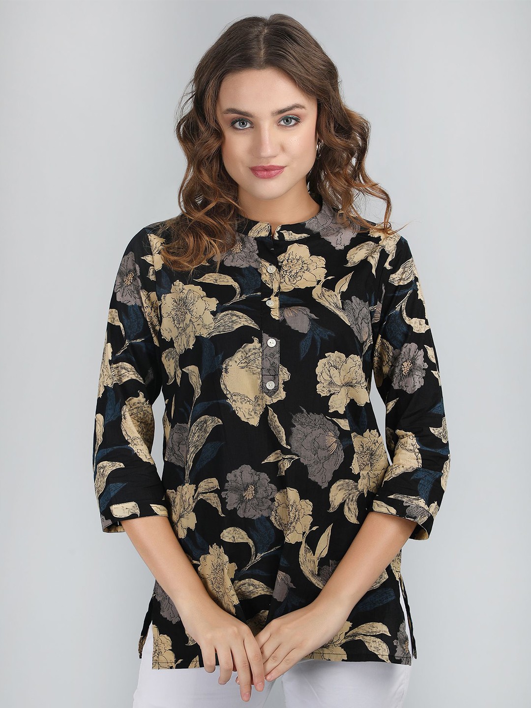 

PIDAVLIYA'S Women Floral Printed Mandarin Collar Cotton Top, Black