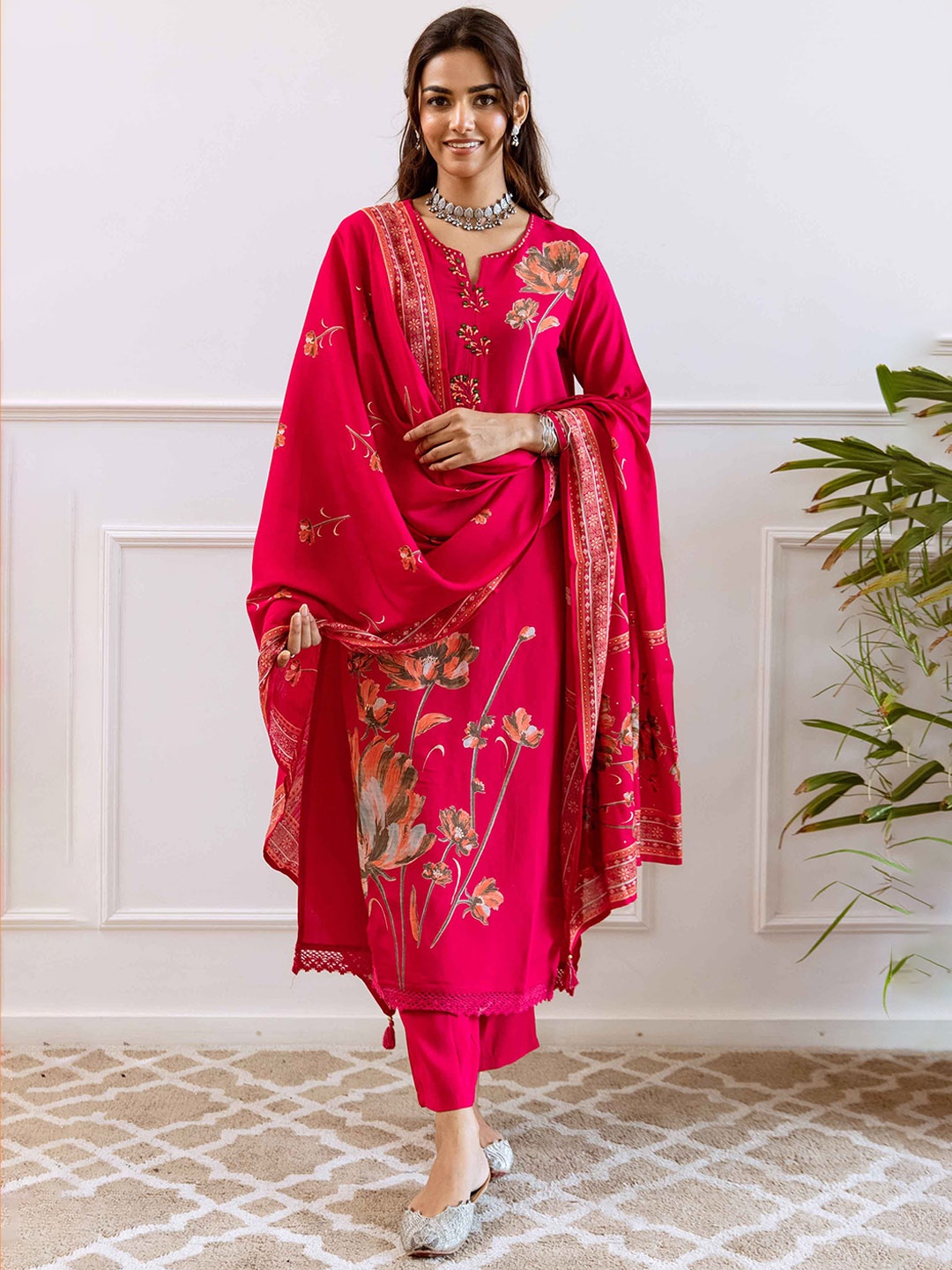 

KALINI Floral Printed Kantha Work Straight Kurta With Trousers & Dupatta, Pink