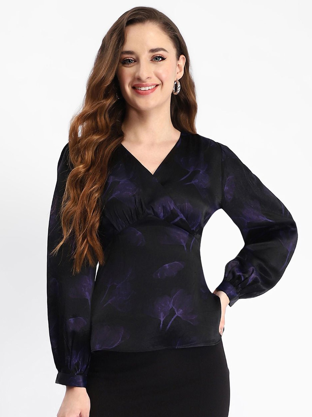 

Madame Women Abstract Printed V-Neck Top, Black