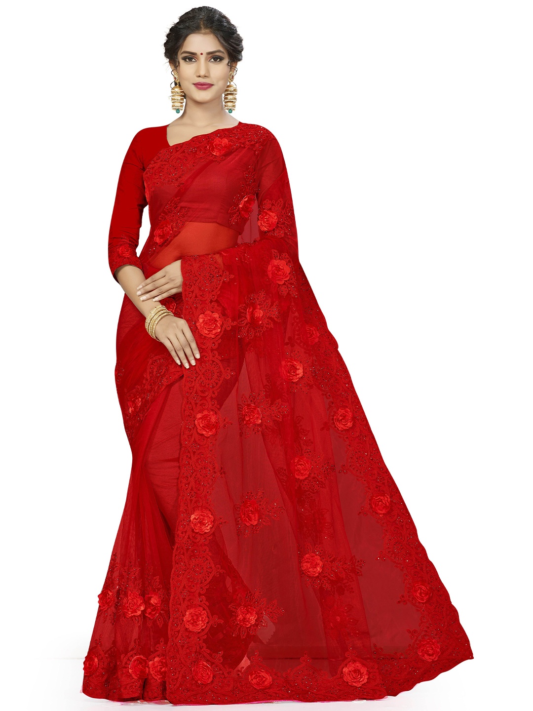 

Maroosh Embellished Beads and Stones Net Saree, Red