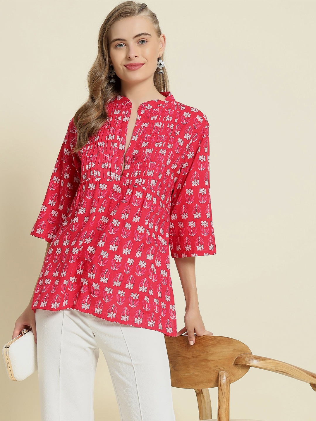 

PockMAN Women Printed Mandarin Collar Cotton Tunic, Pink