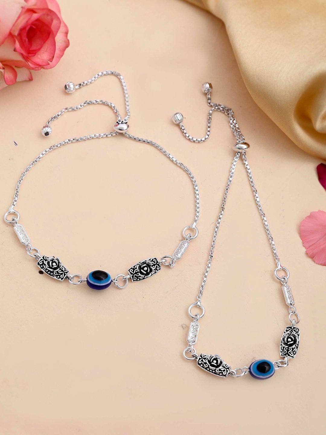 

VOJ Silver-Plated Stainless Steel Flower And Evil Eye Beaded Anklet