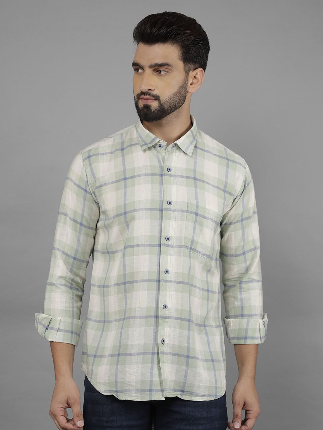

COBB Men India Slim Spread Collar Tartan Checked Cotton Casual Shirt, Green