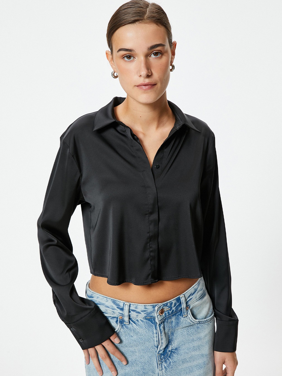 

Koton Women Spread Collar Solid Nylon Casual Shirt, Black