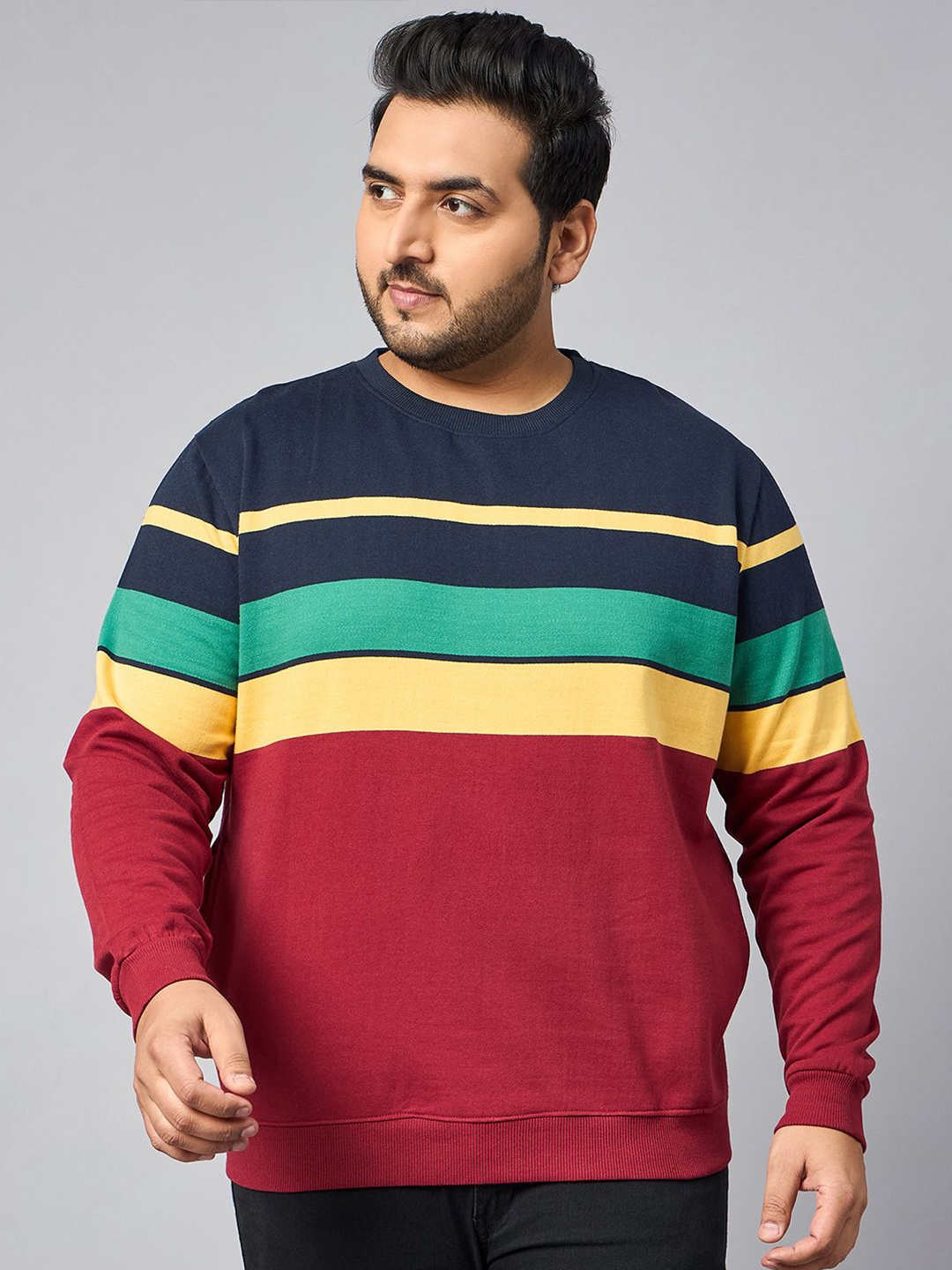 

AUSTIVO Men Colourblocked Round Neck Fleece Plus Size Pullover Sweatshirt, Red