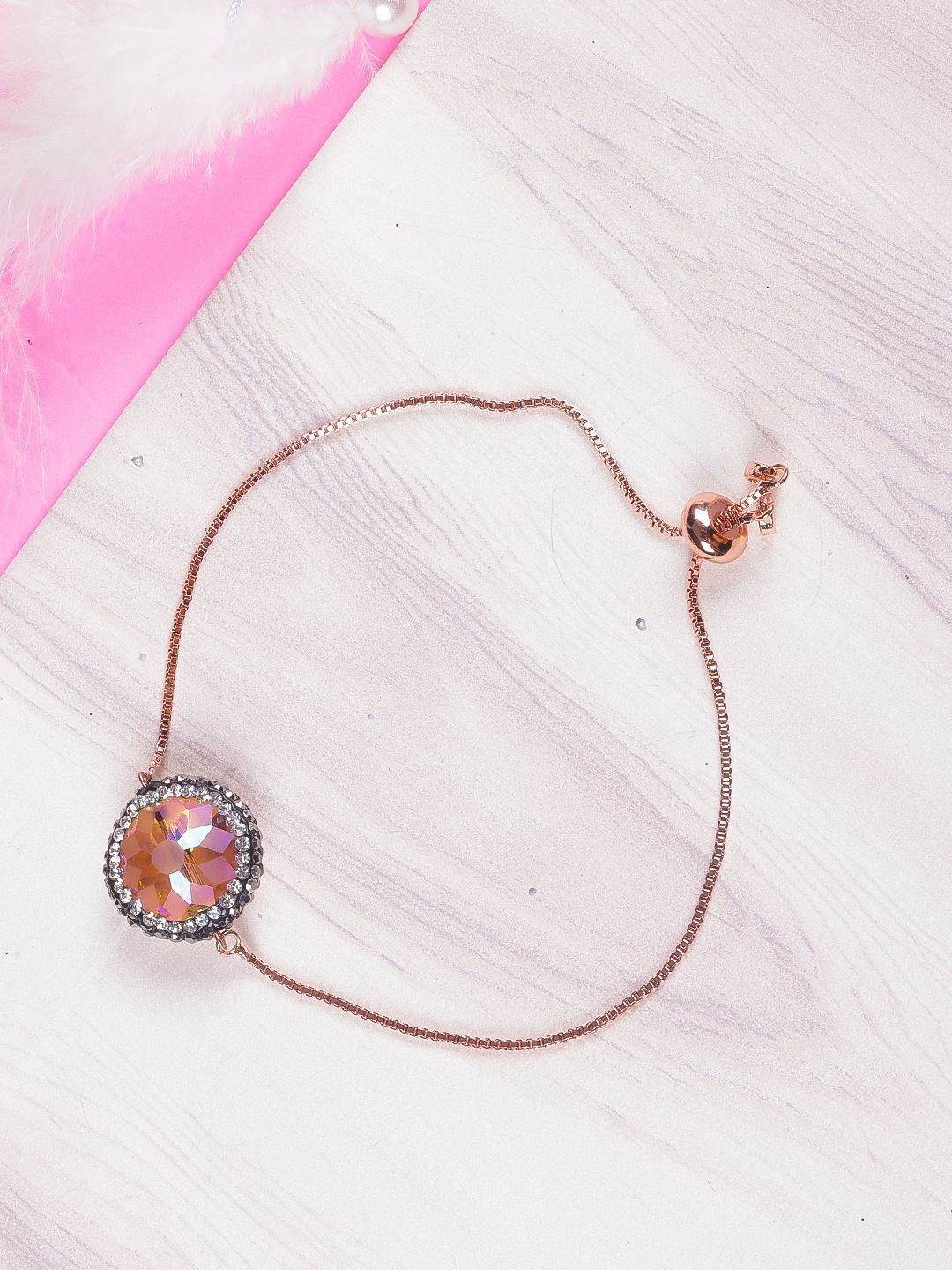 

KPOP Rose Gold-Plated Cubic Zirconia Studded Charm Bracelet
