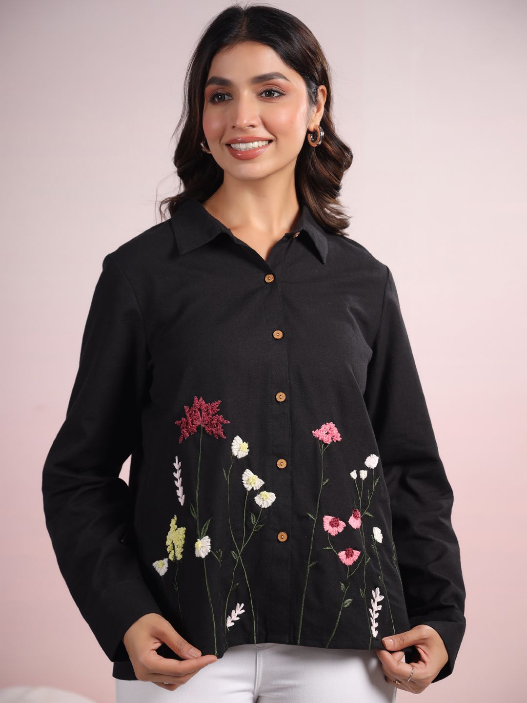 

LYFJ Women Comfort Spread Collar Floral Embroidered Cotton Loose Fit Casual Shirt, Black